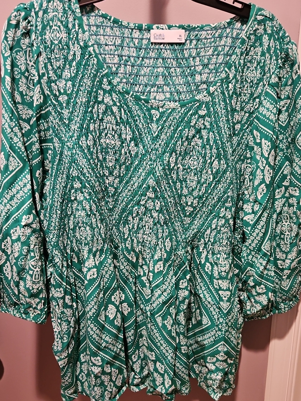 croft & barrow Green Floral Smocked Peasant Blouse